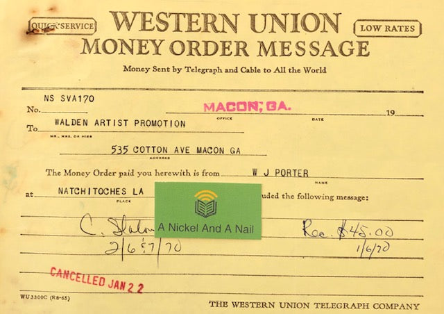 Candi Staton - 1970 Western Union deposit slip for performance booking.