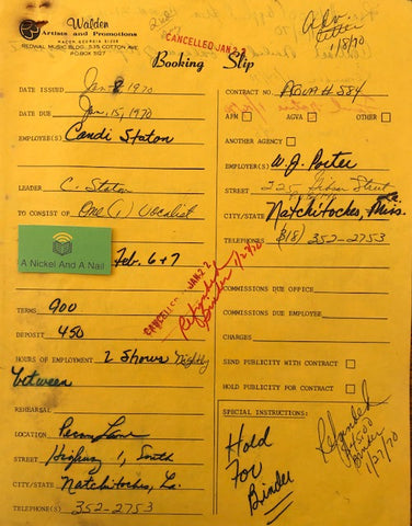 Candi Staton - 1970 Performance Booking Slip (Walden Artists and Promotions).