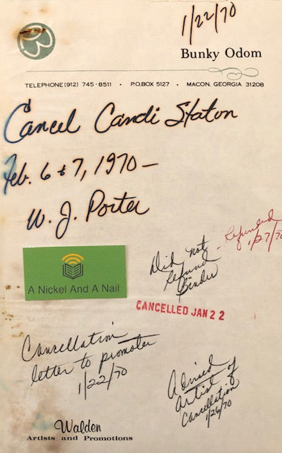 Candi Staton - 1970 Walden Artists and Promotions in-house memo - booking cancellation.