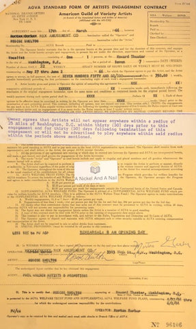 Roscoe Shelton (Sound Stage 7) - original 1966 performance contract (Howard Theater, Washington D.C.).